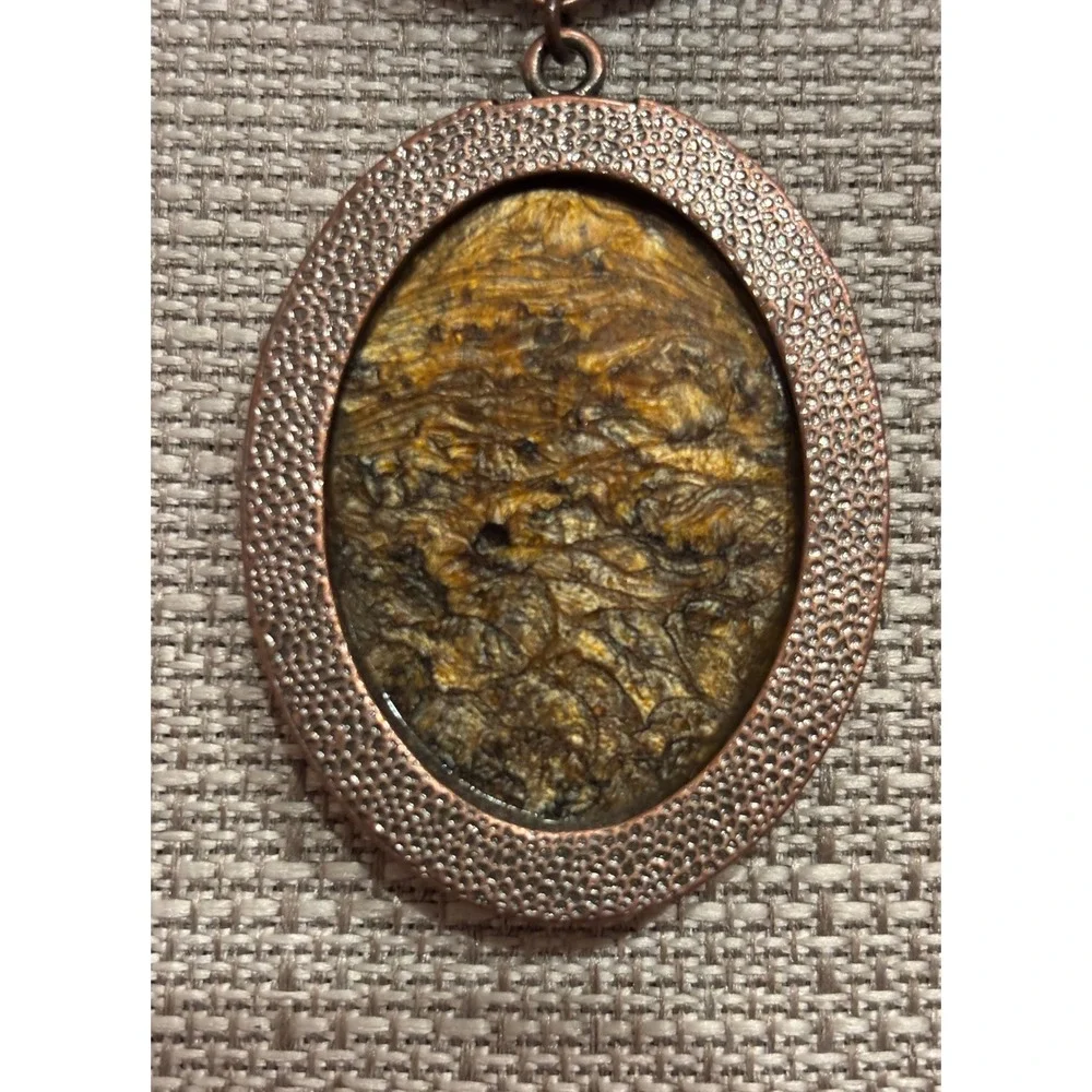 Boho Copper Tone Tiered Statement Necklace Faux Pietersite Resin Oval Pendants